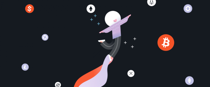 Illustration einer Figur, die auf einer Rakete surft, umgeben von verschiedenen Kryptowährungssymbolen.