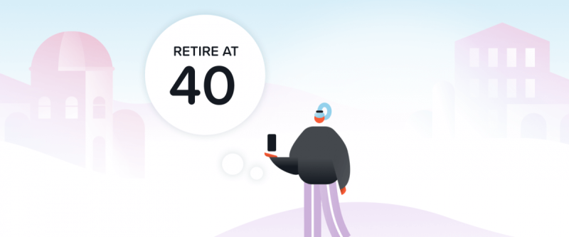 Illustration eines Charakters mit einem Telefon, das die Blase 'Mit 40 in Rente' betrachtet.