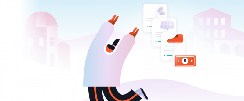 Illustration eines Charakters mit Investitionssymbolen und einer Stadtsilhouette im Hintergrund.