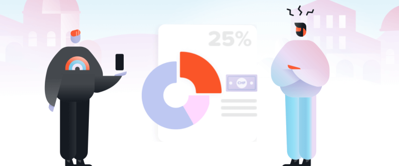 Illustration of two characters with pie chart and phone, showing 25% savings goal reached.