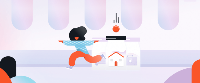 Illustration of a character in a yoga pose balancing a coin above a piggy bank house.
