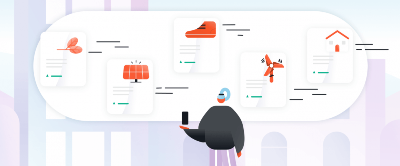 Illustration d'un personnage avec un téléphone passant en revue les options d'investissement : basket, panneau solaire.