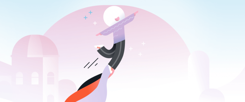 Illustration d'un personnage volant au coucher du soleil avec une silhouette de ville en arrière-plan.