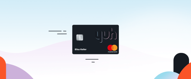 Illustrazione della carta di debito Yuh fluttuante su uno sfondo minimalista.