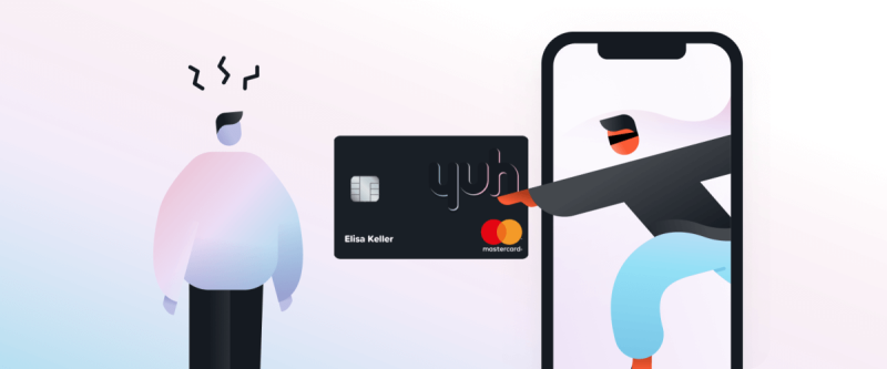 Illustrazione di un personaggio che cerca di rubare una carta bancaria, rappresentando il rilevamento di frodi.