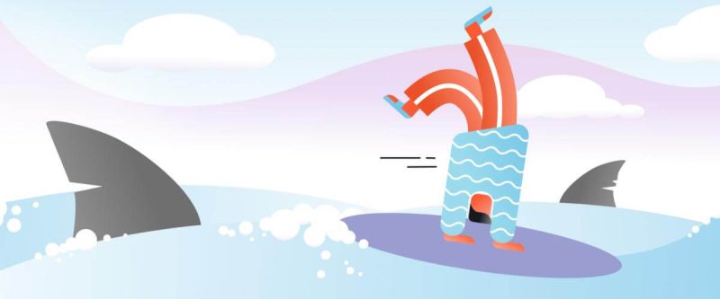 Illustrazione di un personaggio che fa la verticale su una tavola da surf con pinne di squalo vicine.